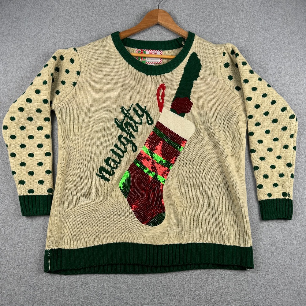 Merry Christmas Sweater Womens XL Naughty Stocking Beige Green Sequin Beaded